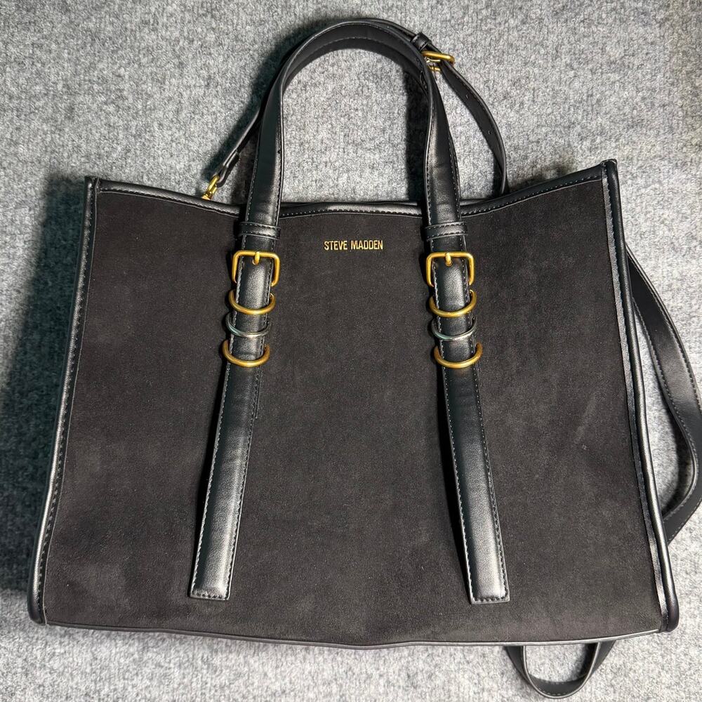 Steve Madden Black Satchel Tote Bag Gold Hardware Leopard Print Cardholder